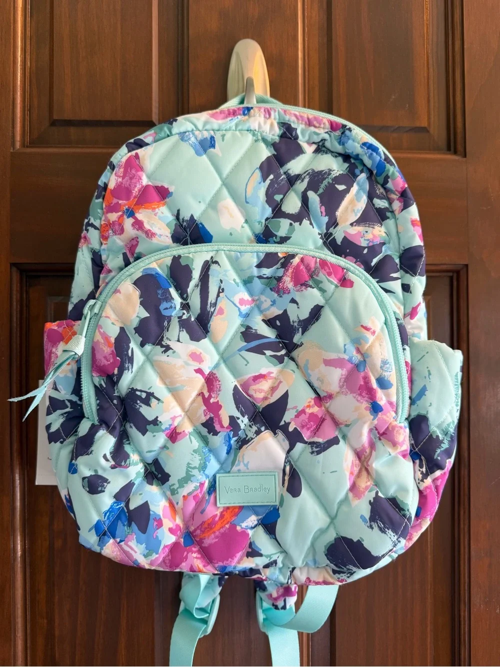 Vera Bradley Mint Floral Quilted Mini Backpack with Multicolor Blossoms